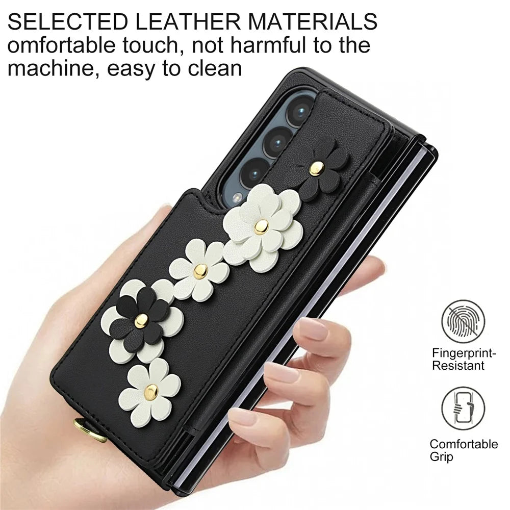 For Samsung Galaxy Z Fold4 5G Case Card Slots Leather Coated TPU Flower Phone Cover with 2 Straps - Black - 6