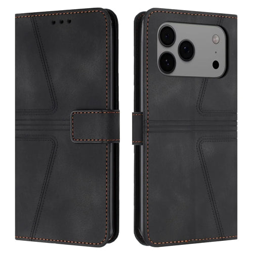 For iPhone 18 Pro / 17 Pro Case Triangle Imprinted Anti-Scratch Phone Wallet Cover - Black - 1