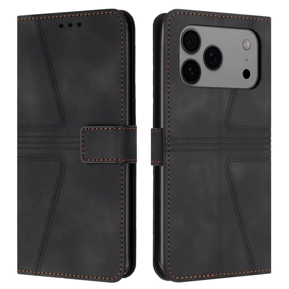 For iPhone 18 Pro / 17 Pro Case Triangle Imprinted Anti-Scratch Phone Wallet Cover - Black - 1