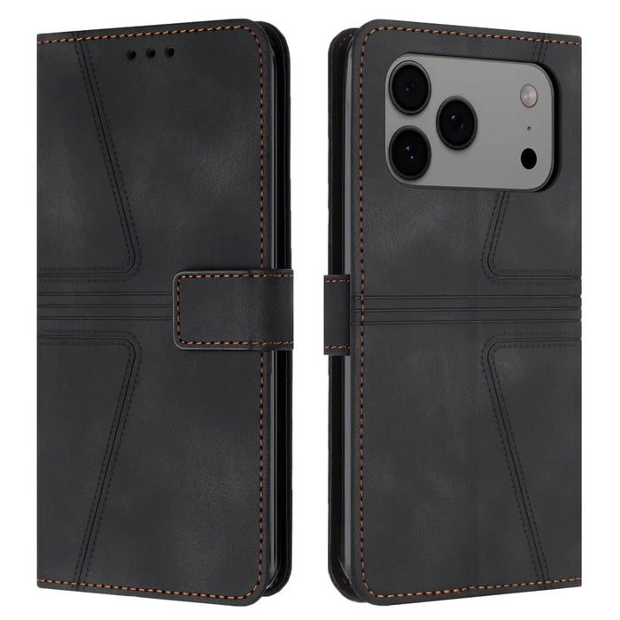 For iPhone 18 Pro / 17 Pro Case Triangle Imprinted Anti-Scratch Phone Wallet Cover - Black - 1