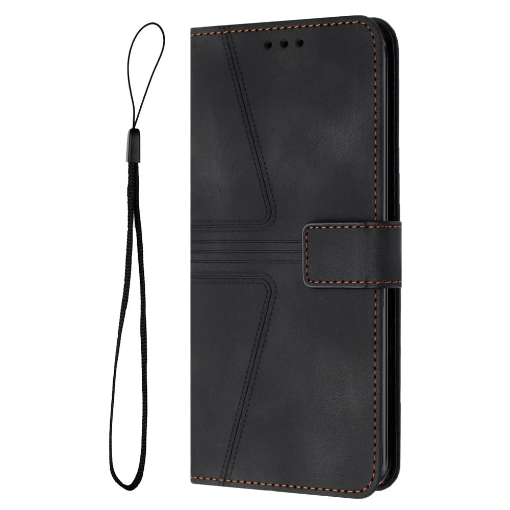 For Samsung Galaxy S25 FE Case Triangle Imprinted Anti-Scratch Phone Wallet Cover - Black - 7