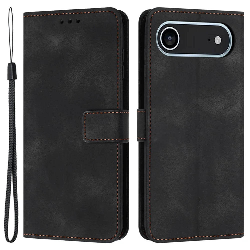 For iPhone Air Case Solid Color Leather Wallet Protective Phone Cover - Black - 1