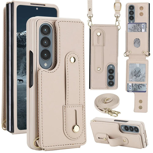 For Samsung Galaxy Z Fold4 5G Case Kickstand Card Slots Leather Coated TPU Cover with Shoulder Strap - Beige - 1