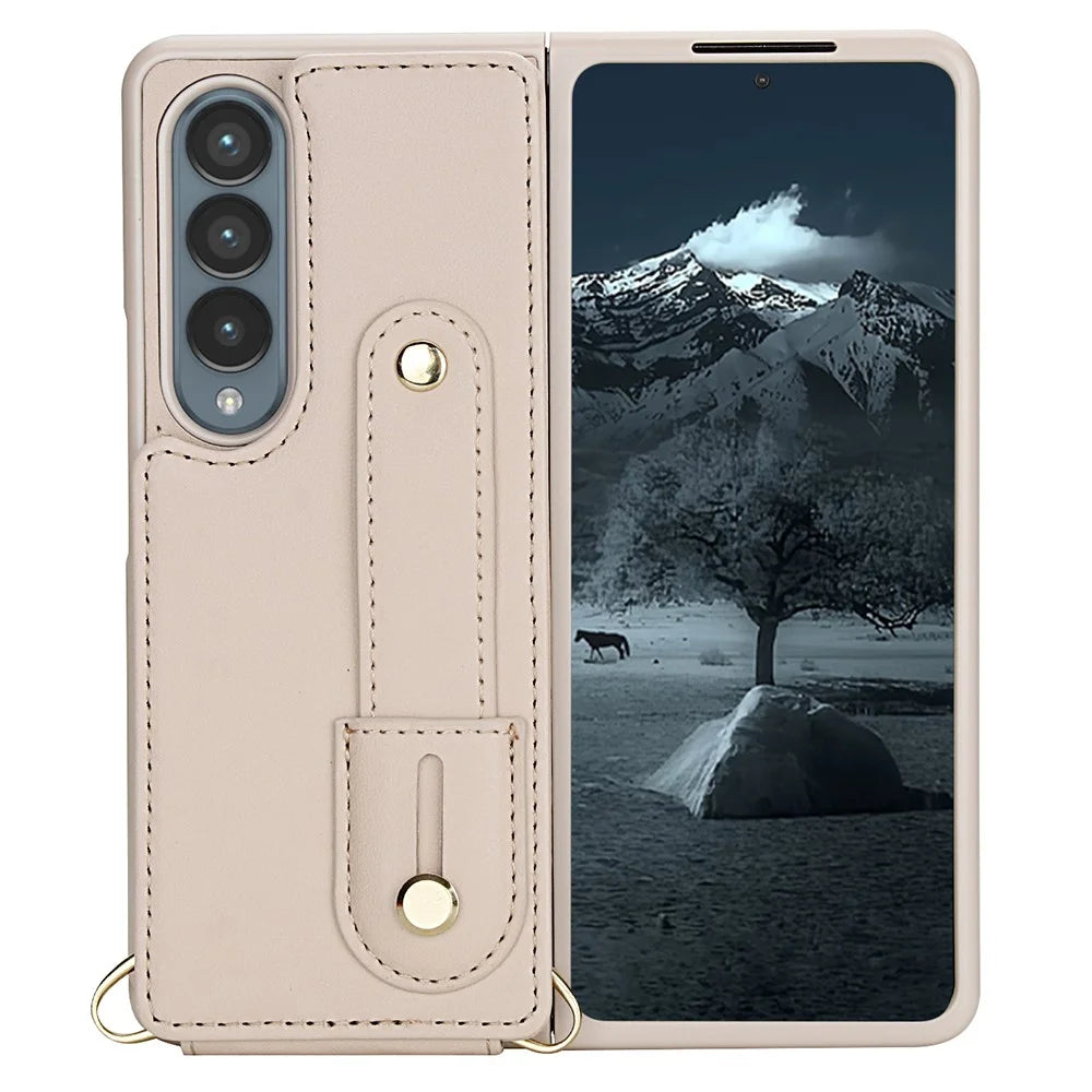 For Samsung Galaxy Z Fold4 5G Case Kickstand Card Slots Leather Coated TPU Cover with Shoulder Strap - Beige - 2