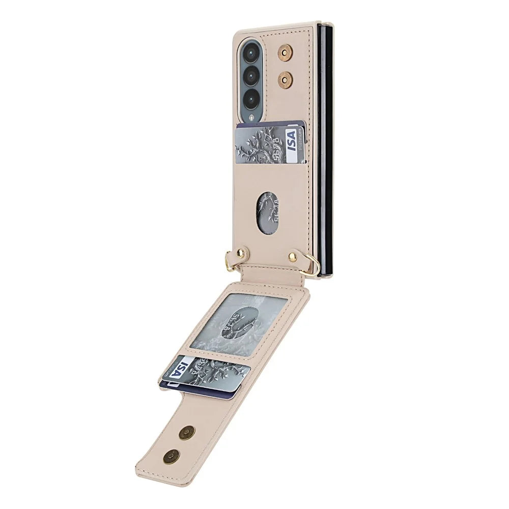 For Samsung Galaxy Z Fold4 5G Case Kickstand Card Slots Leather Coated TPU Cover with Shoulder Strap - Beige - 3
