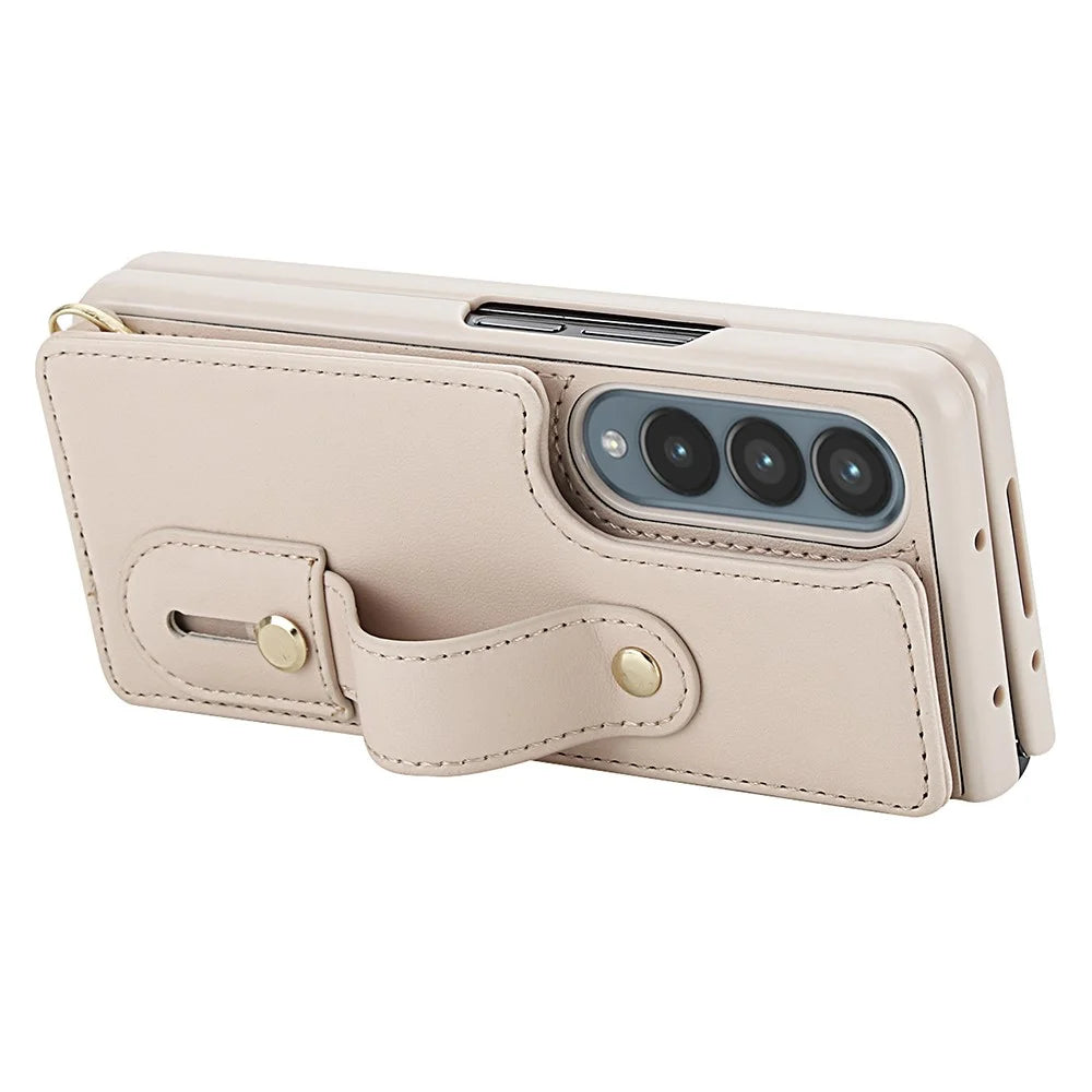 For Samsung Galaxy Z Fold4 5G Case Kickstand Card Slots Leather Coated TPU Cover with Shoulder Strap - Beige - 4