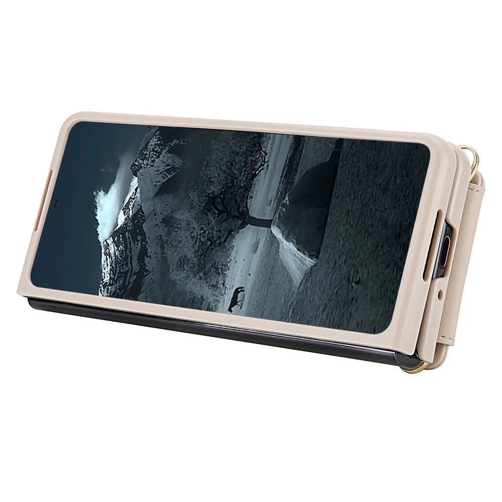 For Samsung Galaxy Z Fold4 5G Case Kickstand Card Slots Leather Coated TPU Cover with Shoulder Strap - Beige - 5