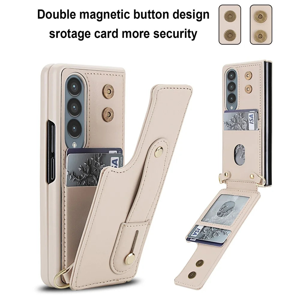 For Samsung Galaxy Z Fold4 5G Case Kickstand Card Slots Leather Coated TPU Cover with Shoulder Strap - Beige - 6