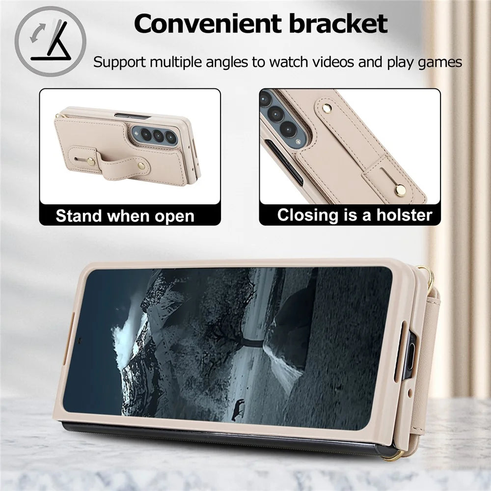 For Samsung Galaxy Z Fold4 5G Case Kickstand Card Slots Leather Coated TPU Cover with Shoulder Strap - Beige - 7
