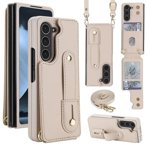 For Samsung Galaxy Z Fold5 5G Case Kickstand Card Slots Leather Coated TPU Cover with Shoulder Strap - Beige - 1