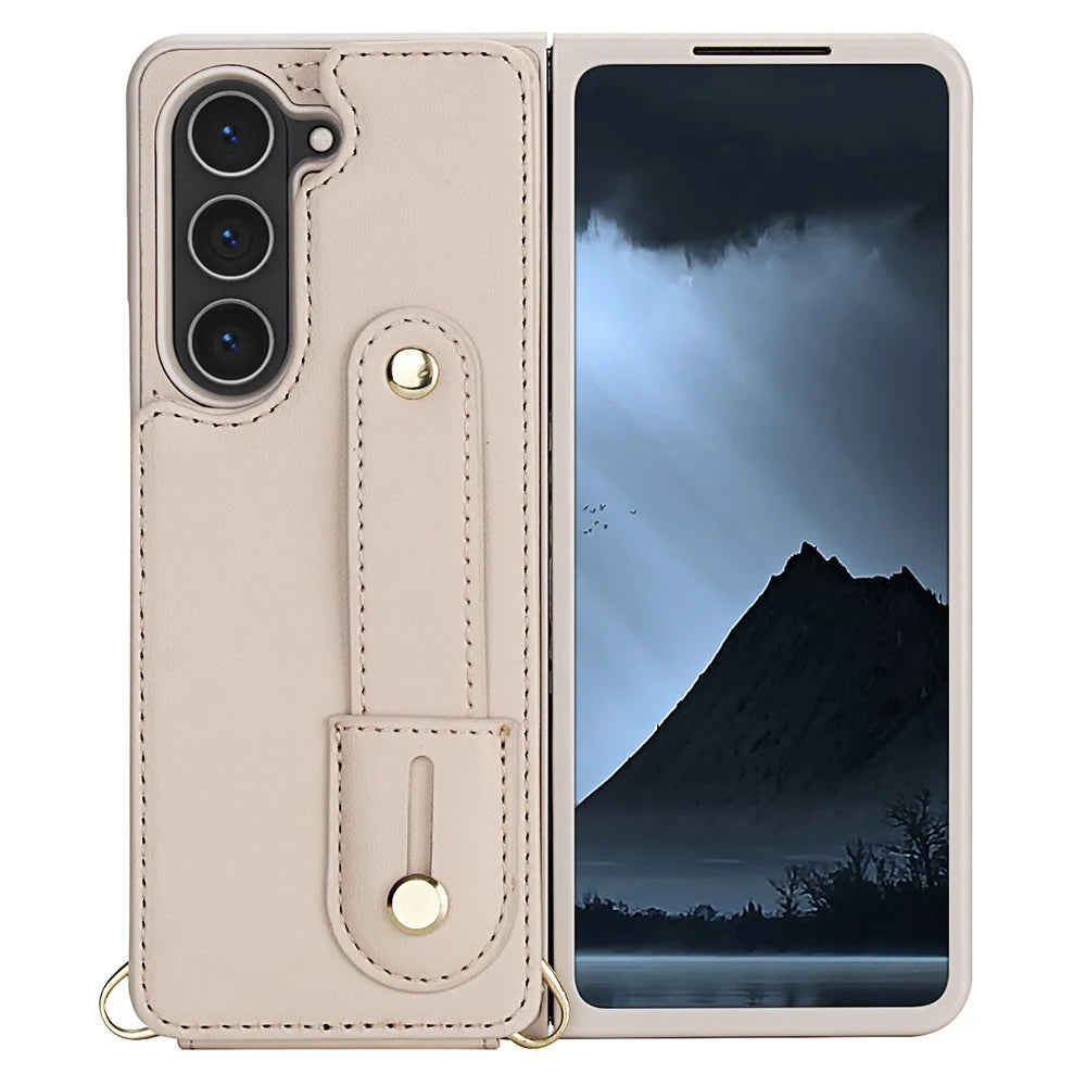 For Samsung Galaxy Z Fold5 5G Case Kickstand Card Slots Leather Coated TPU Cover with Shoulder Strap - Beige - 2