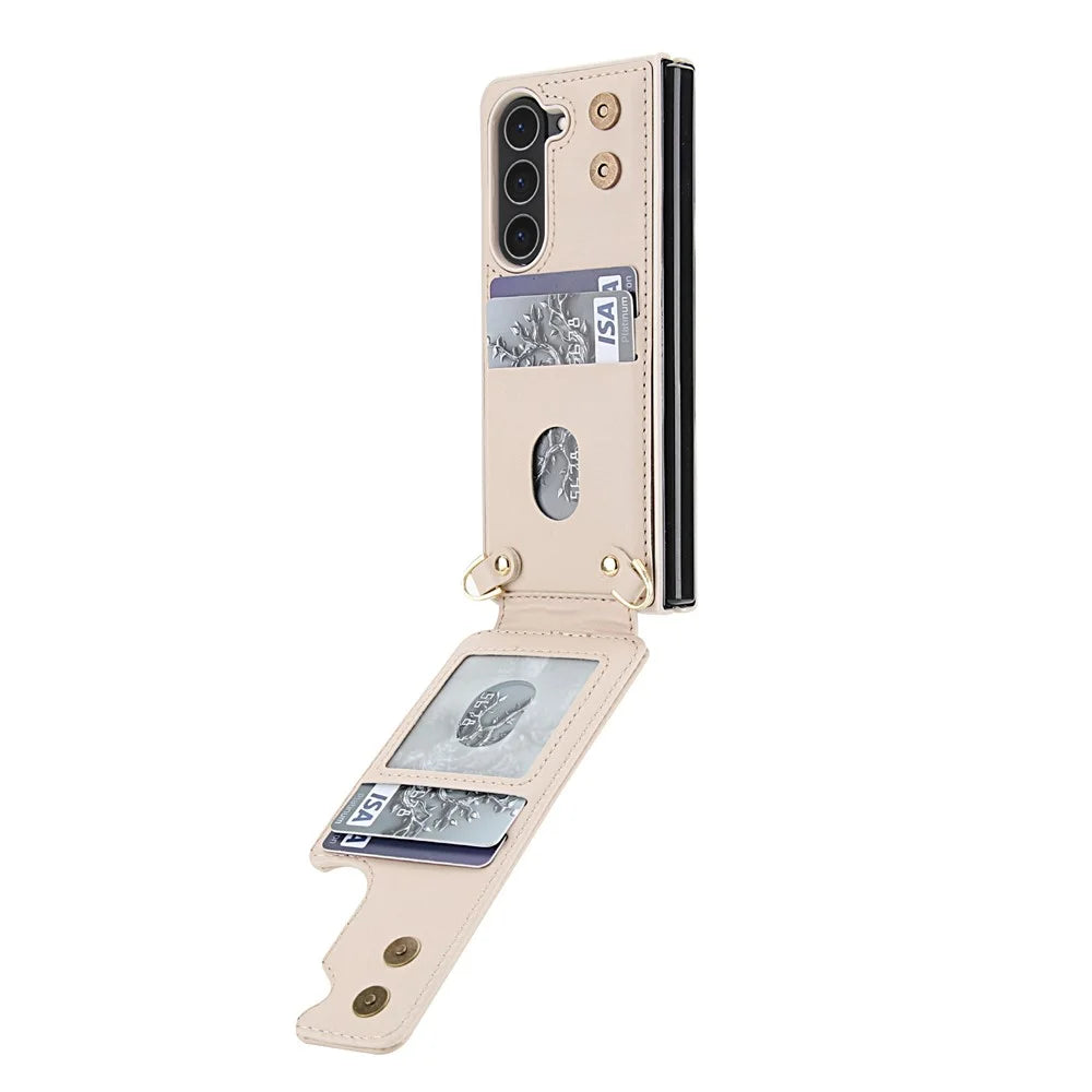 For Samsung Galaxy Z Fold5 5G Case Kickstand Card Slots Leather Coated TPU Cover with Shoulder Strap - Beige - 3