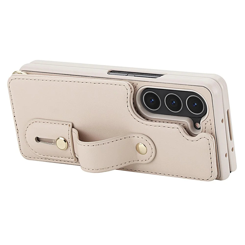 For Samsung Galaxy Z Fold5 5G Case Kickstand Card Slots Leather Coated TPU Cover with Shoulder Strap - Beige - 4