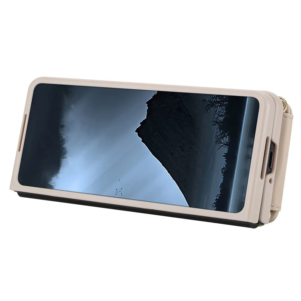 For Samsung Galaxy Z Fold5 5G Case Kickstand Card Slots Leather Coated TPU Cover with Shoulder Strap - Beige - 5