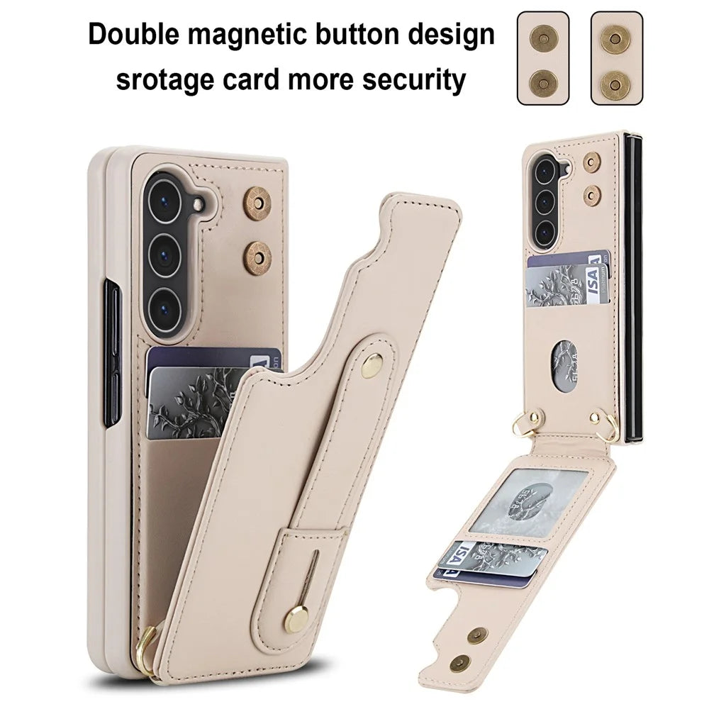 For Samsung Galaxy Z Fold5 5G Case Kickstand Card Slots Leather Coated TPU Cover with Shoulder Strap - Beige - 6