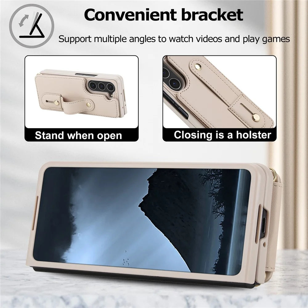For Samsung Galaxy Z Fold5 5G Case Kickstand Card Slots Leather Coated TPU Cover with Shoulder Strap - Beige - 7