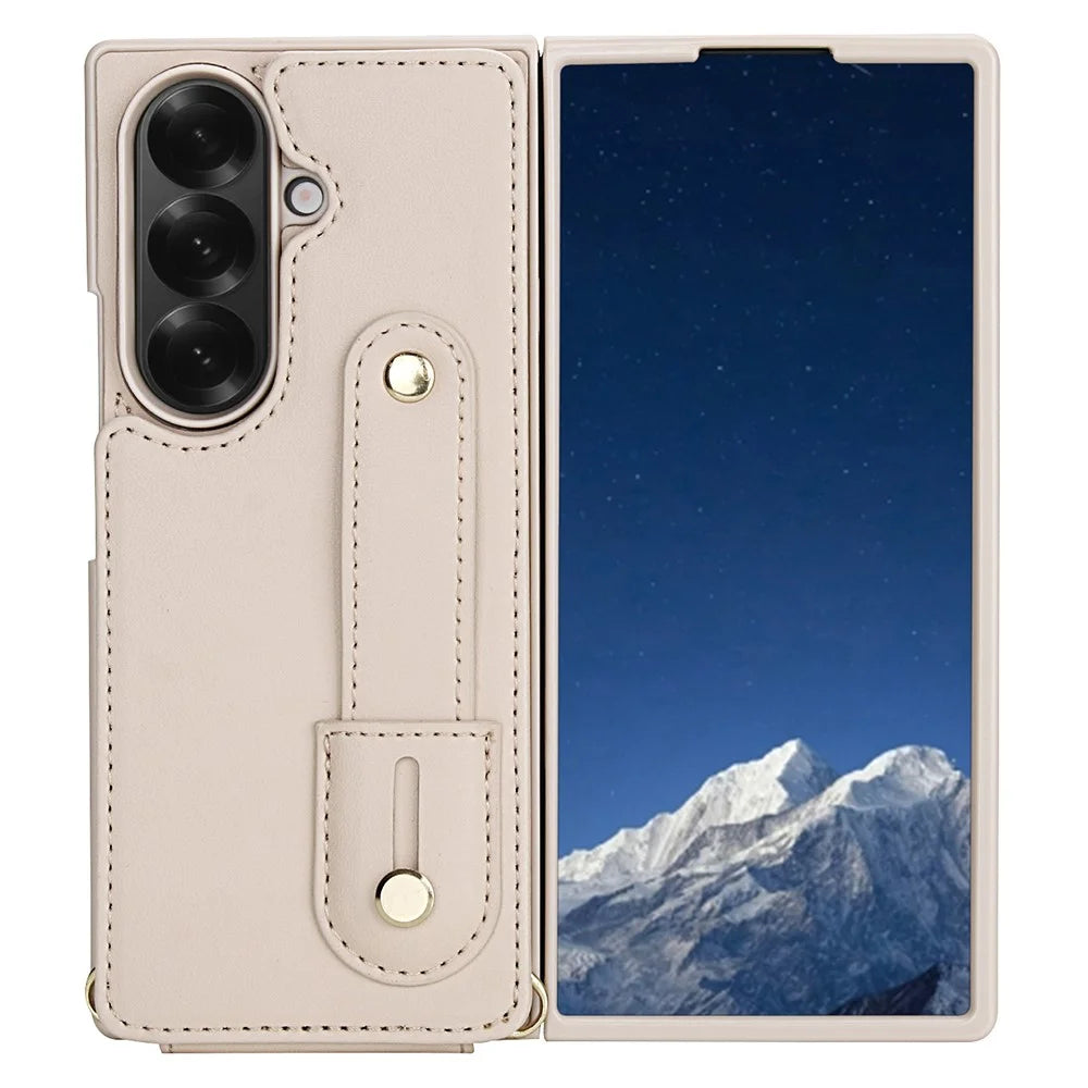 For Samsung Galaxy Z Fold7 5G Case Kickstand Card Slots Leather Coated TPU Cover with Shoulder Strap - Beige - 2