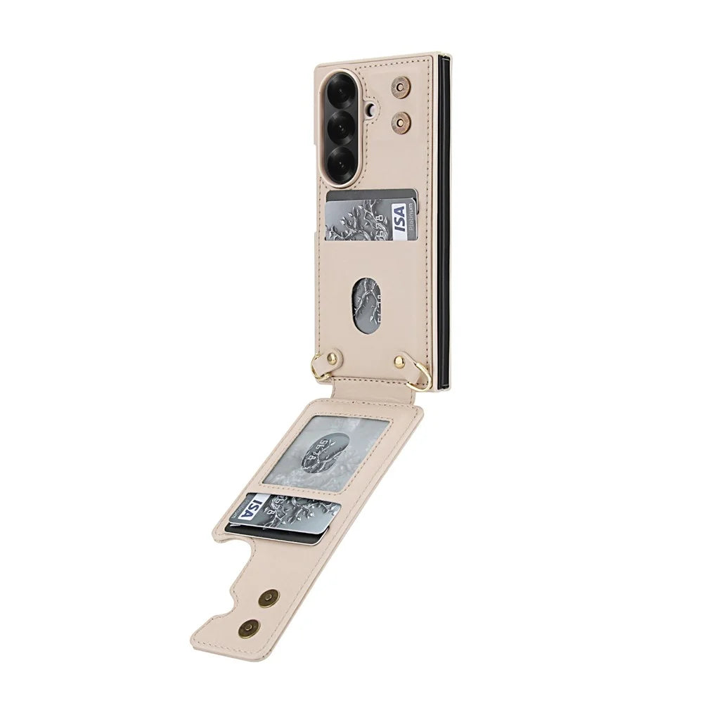 For Samsung Galaxy Z Fold7 5G Case Kickstand Card Slots Leather Coated TPU Cover with Shoulder Strap - Beige - 3