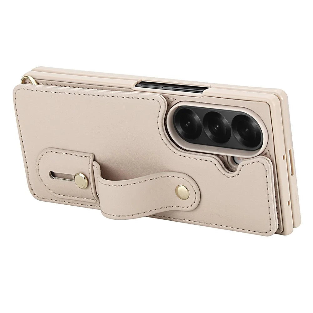 For Samsung Galaxy Z Fold7 5G Case Kickstand Card Slots Leather Coated TPU Cover with Shoulder Strap - Beige - 4