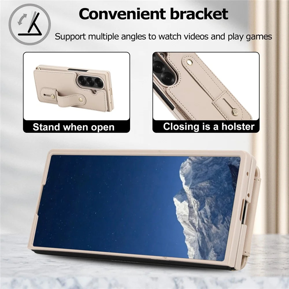 For Samsung Galaxy Z Fold7 5G Case Kickstand Card Slots Leather Coated TPU Cover with Shoulder Strap - Beige - 7