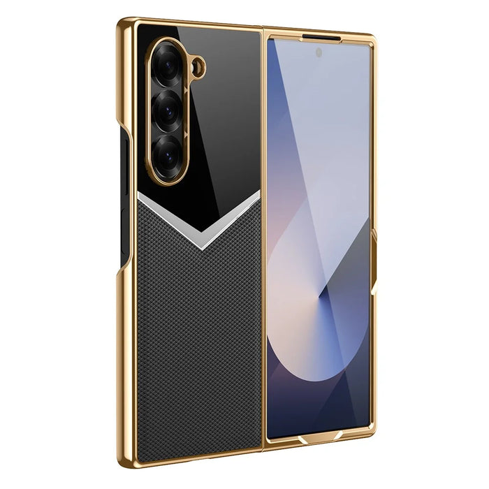For Samsung Galaxy Z Fold6 5G Case Genuine Cow Leather + PC Contrast Design Phone Cover with Screen Protector - Black - 1