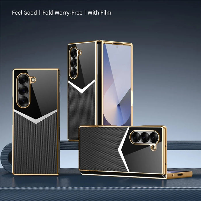 For Samsung Galaxy Z Fold6 5G Case Genuine Cow Leather + PC Contrast Design Phone Cover with Screen Protector - Black - 2