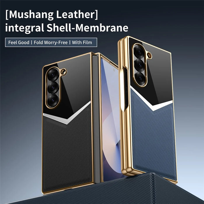 For Samsung Galaxy Z Fold6 5G Case Genuine Cow Leather + PC Contrast Design Phone Cover with Screen Protector - Black - 3