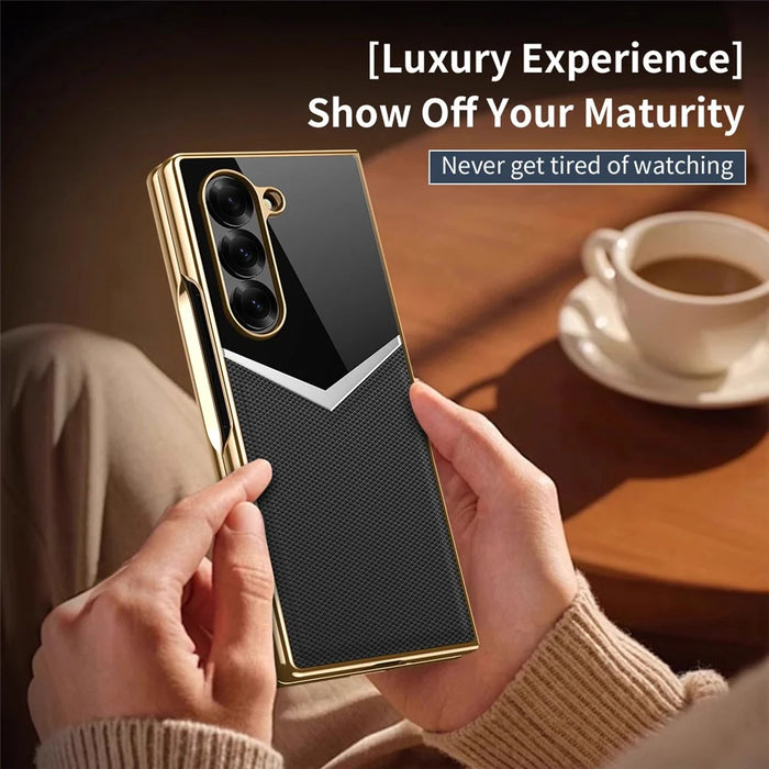 For Samsung Galaxy Z Fold6 5G Case Genuine Cow Leather + PC Contrast Design Phone Cover with Screen Protector - Black - 6