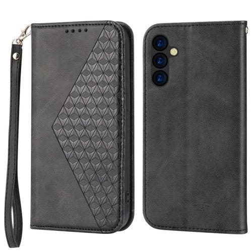 For Samsung Galaxy A14 5G / A14 4G Rhombus Pattern Calf Texture PU Leather Stand Case Wallet Phone Cover with Strap - Black - 1