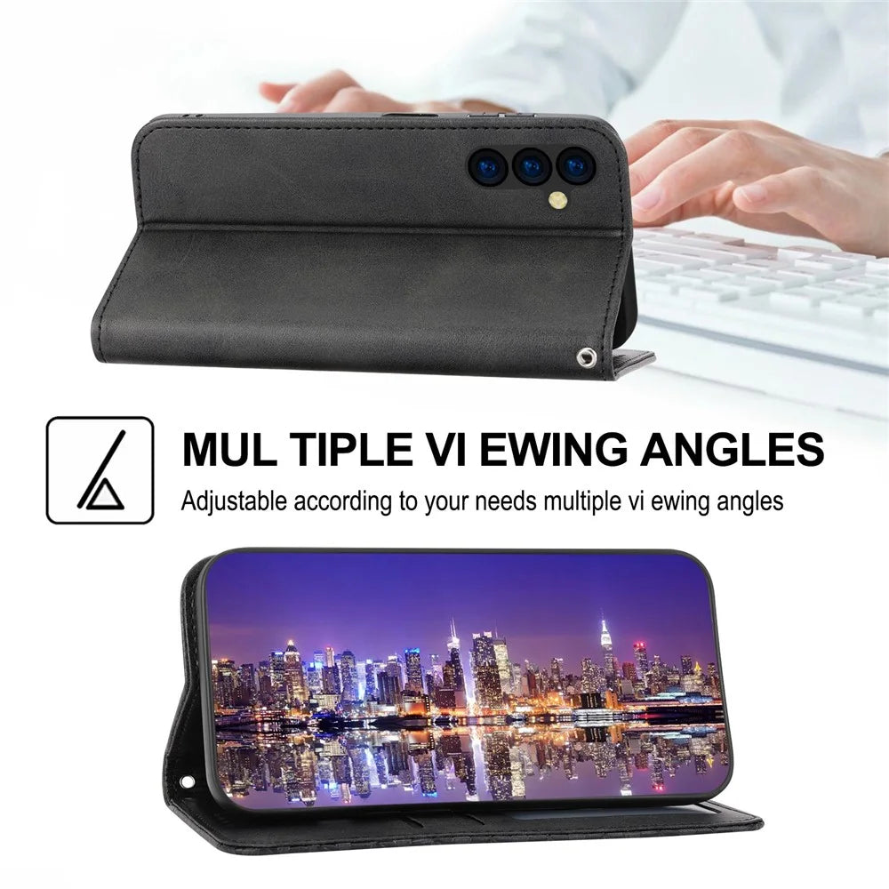 For Samsung Galaxy A14 5G / A14 4G Rhombus Pattern Calf Texture PU Leather Stand Case Wallet Phone Cover with Strap - Black - 4