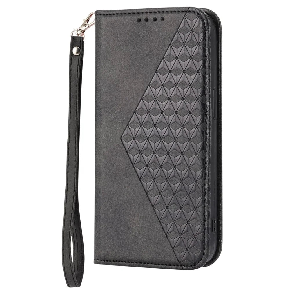 For Samsung Galaxy A14 5G / A14 4G Rhombus Pattern Calf Texture PU Leather Stand Case Wallet Phone Cover with Strap - Black - 7