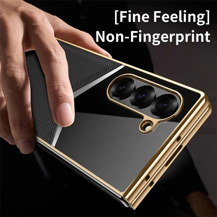 For Samsung Galaxy Z Fold5 5G Case Genuine Cow Leather + PC Contrast Design Phone Cover with Screen Protector - Black - 5
