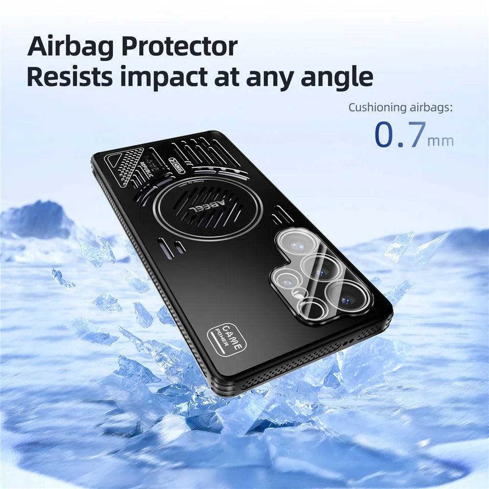 ABEEL For Samsung Galaxy S25 Edge Magnetic Case Aluminium Alloy + PC + TPU Hollow Heat Dissipation Phone Cover - Black - 6