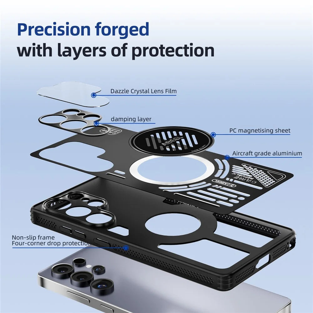 ABEEL For Samsung Galaxy S25 Edge Magnetic Case Aluminium Alloy + PC + TPU Hollow Heat Dissipation Phone Cover - Black - 7
