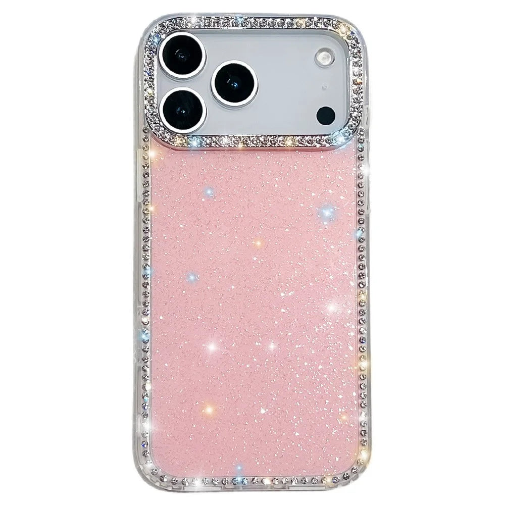 For iPhone 18 Pro / 17 Pro Case Rhinestone Edge Glitter Back TPU + PC IMD Phone Cover - Glitter Light Pink - 1