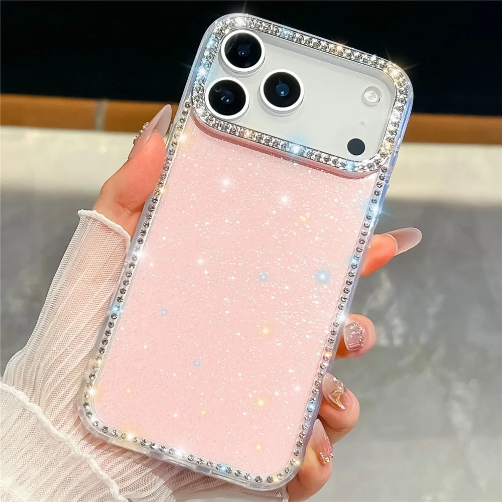 For iPhone 18 Pro / 17 Pro Case Rhinestone Edge Glitter Back TPU + PC IMD Phone Cover - Glitter Light Pink - 2