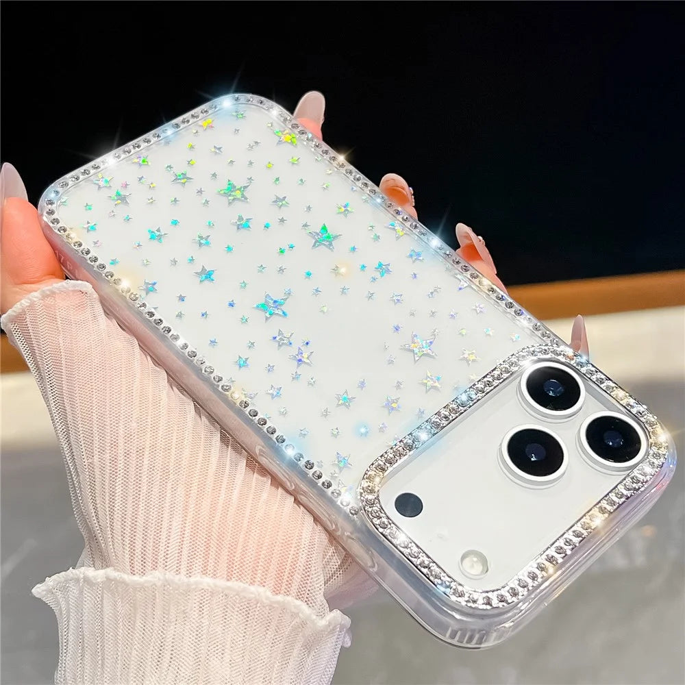 For iPhone 18 Pro / 17 Pro Case Rhinestone Edge Glitter Back TPU + PC IMD Phone Cover - Glitter Light Pink - 3