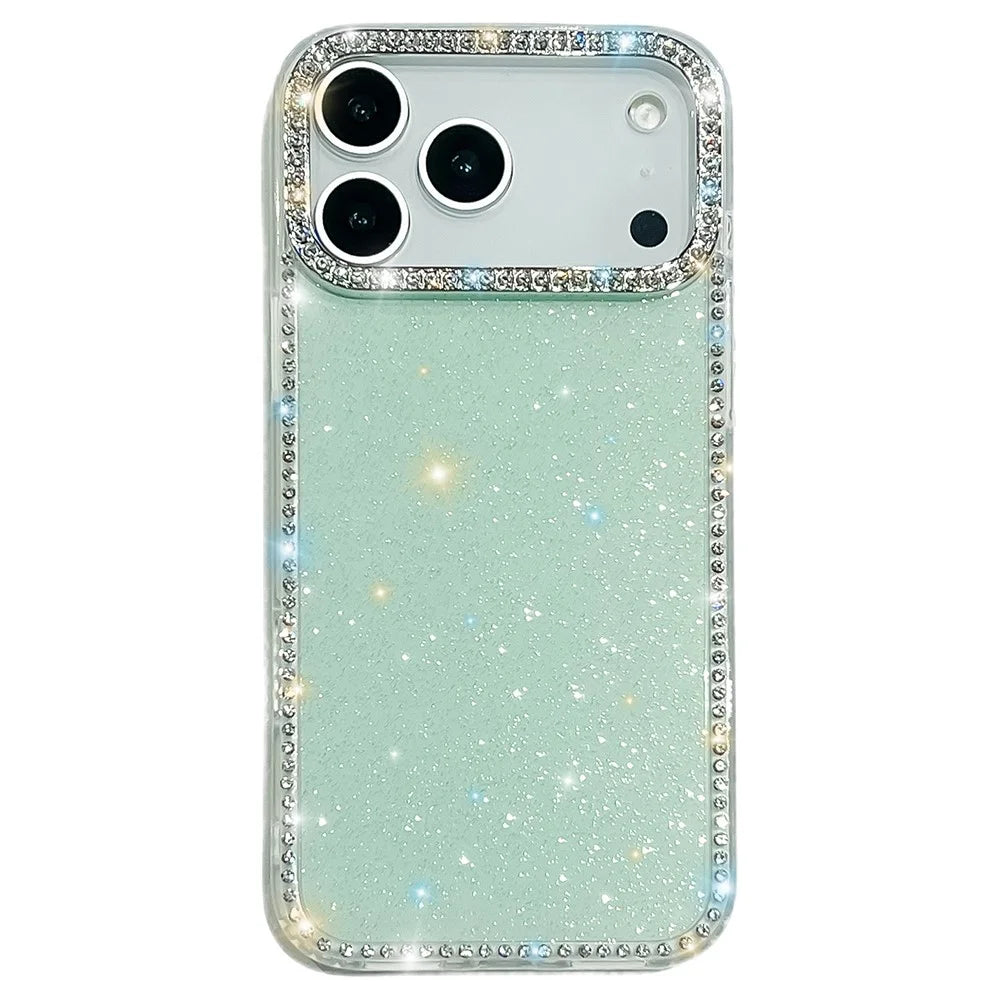 For iPhone 18 Pro Max / 17 Pro Max Case Rhinestone Edge Glitter Back TPU + PC IMD Phone Cover - Glitter Light Green - 1