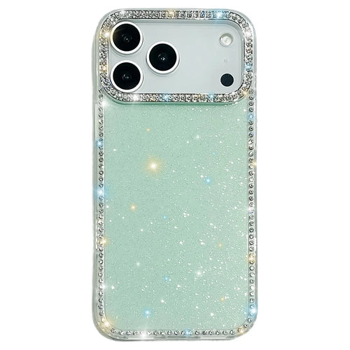 For iPhone 18 Pro Max / 17 Pro Max Case Rhinestone Edge Glitter Back TPU + PC IMD Phone Cover - Glitter Light Green - 1