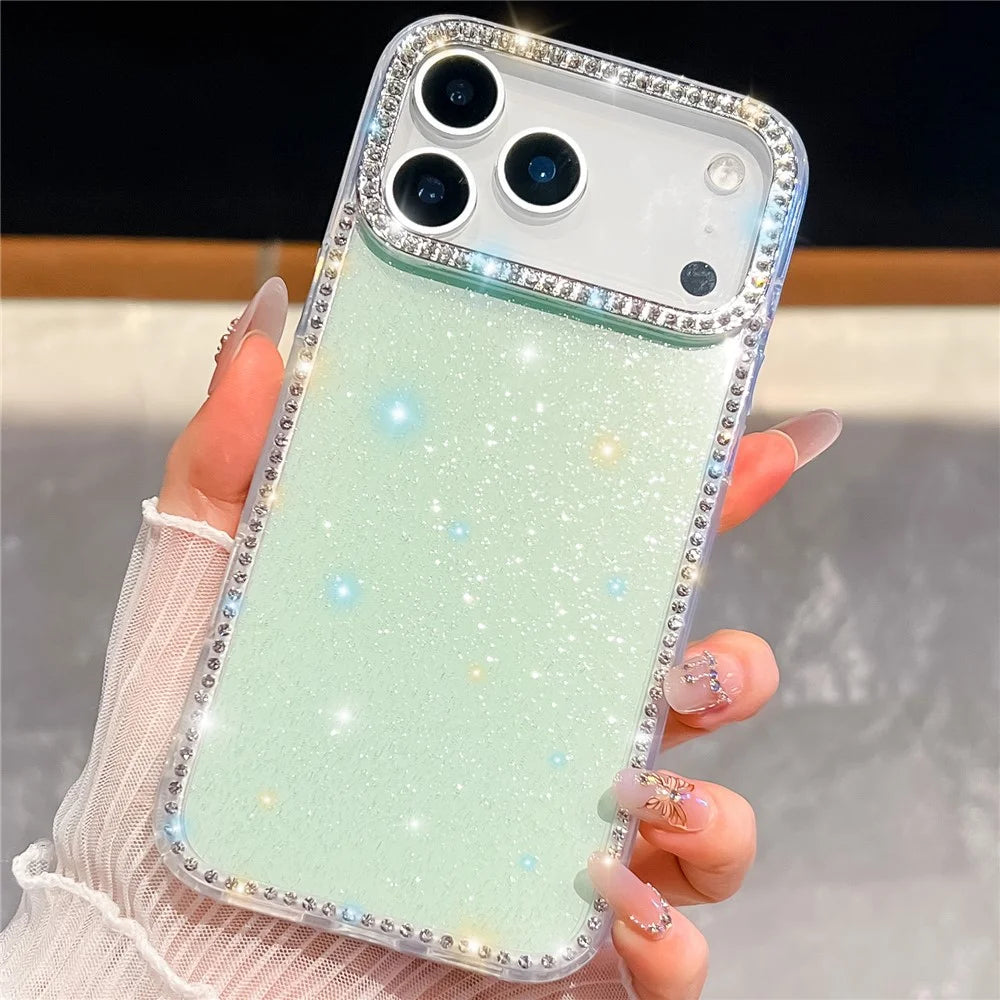 For iPhone 18 Pro Max / 17 Pro Max Case Rhinestone Edge Glitter Back TPU + PC IMD Phone Cover - Glitter Light Green - 2