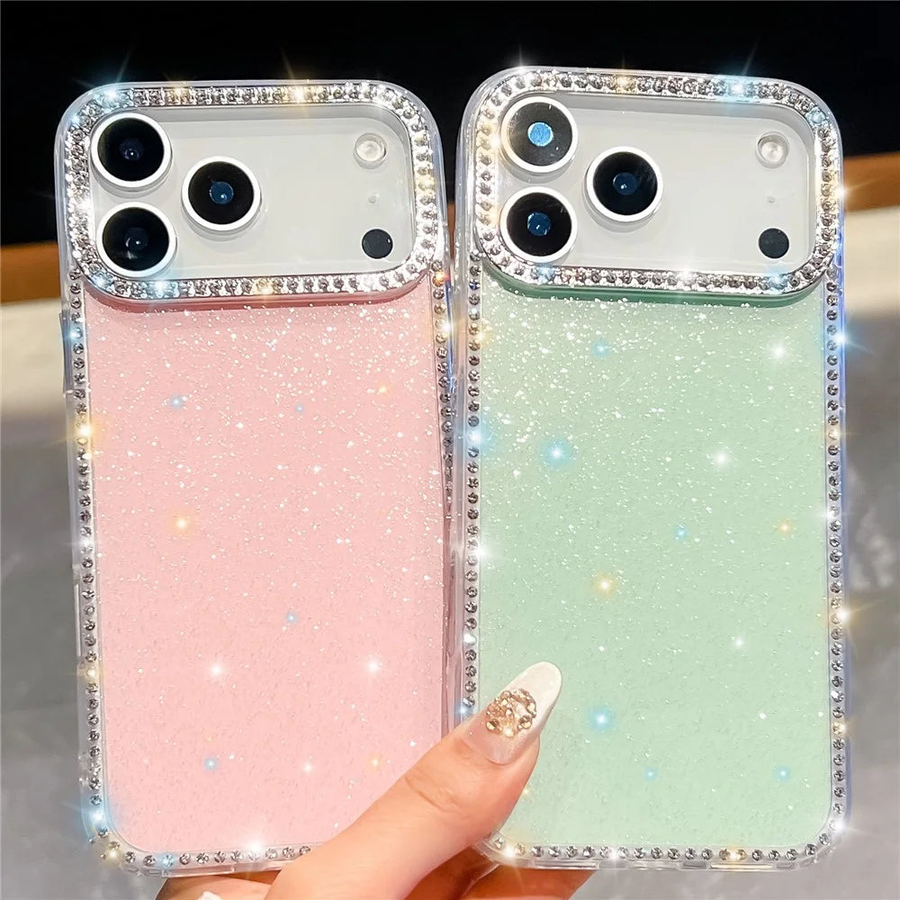 For iPhone 18 Pro Max / 17 Pro Max Case Rhinestone Edge Glitter Back TPU + PC IMD Phone Cover - Glitter Light Green - 4