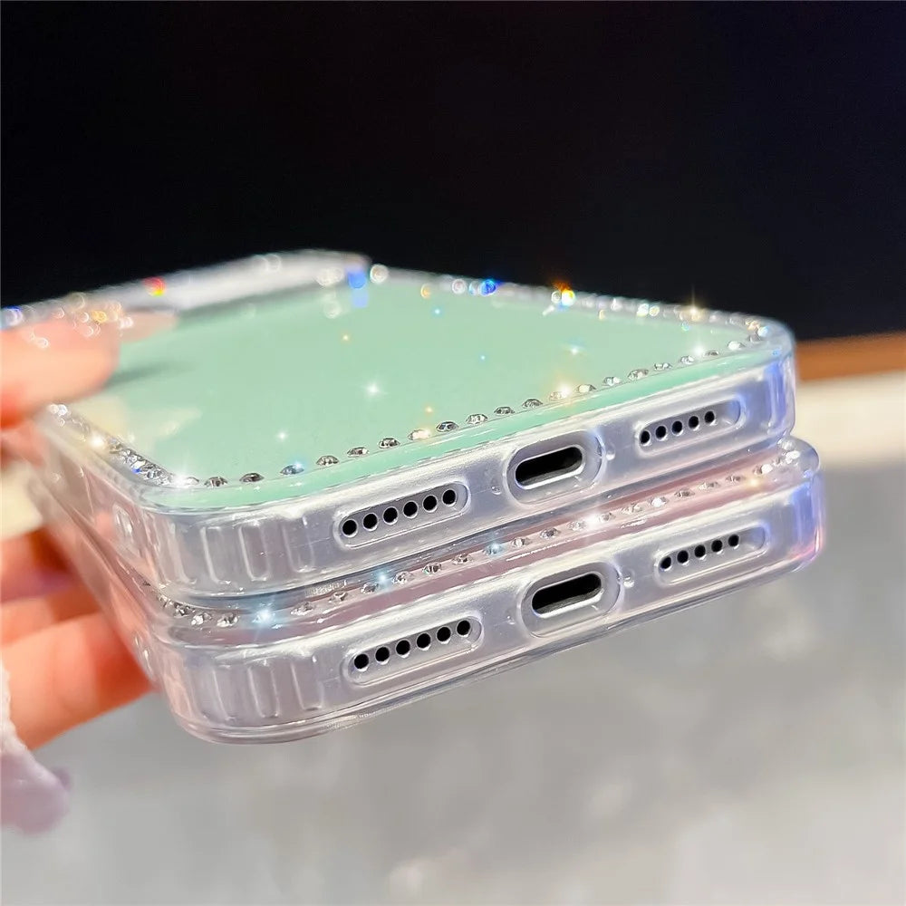 For iPhone 18 Pro Max / 17 Pro Max Case Rhinestone Edge Glitter Back TPU + PC IMD Phone Cover - Glitter Light Green - 5