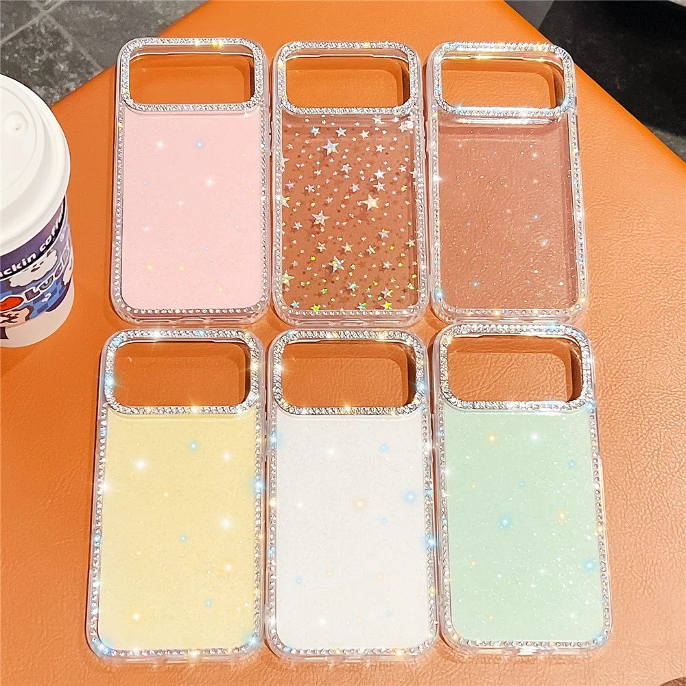 For iPhone 18 Pro Max / 17 Pro Max Case Rhinestone Edge Glitter Back TPU + PC IMD Phone Cover - Glitter Light Green - 6
