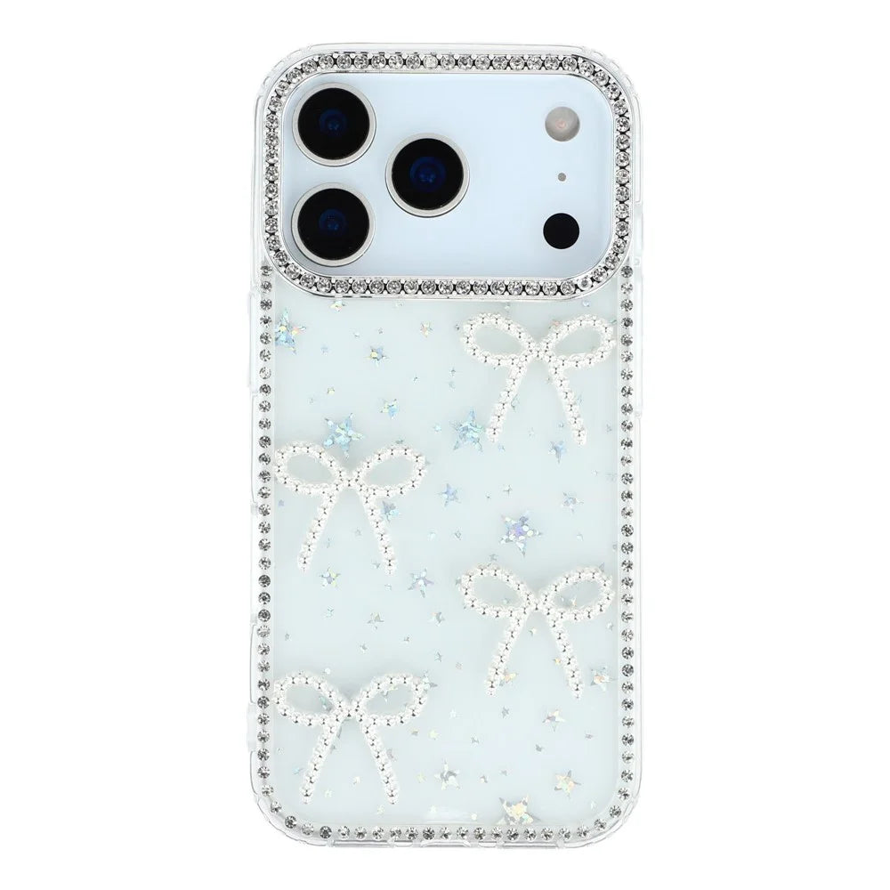 For iPhone 17 Pro Case Rhinestone Edge Butterfly Bow Decor TPU + PC IMD Phone Cover - Starry Transparent - 1