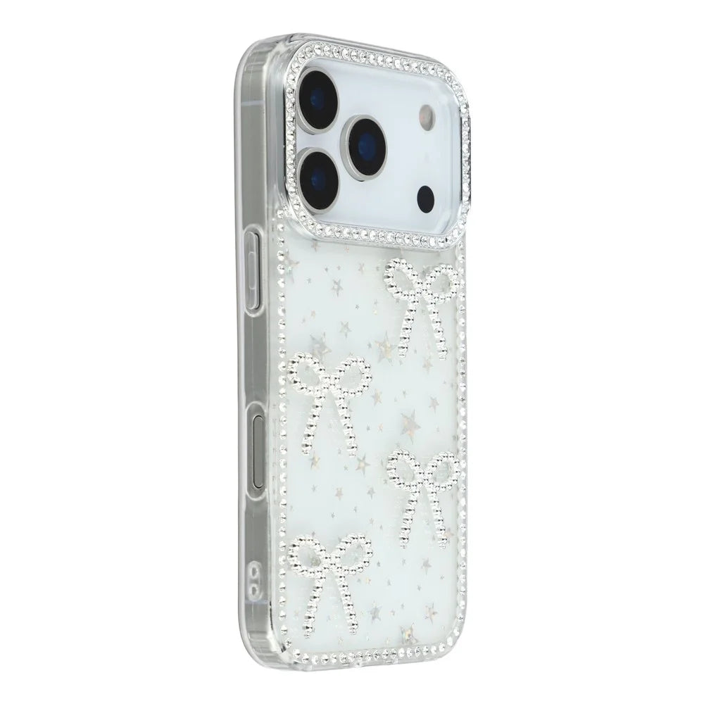 For iPhone 17 Pro Case Rhinestone Edge Butterfly Bow Decor TPU + PC IMD Phone Cover - Starry Transparent - 3