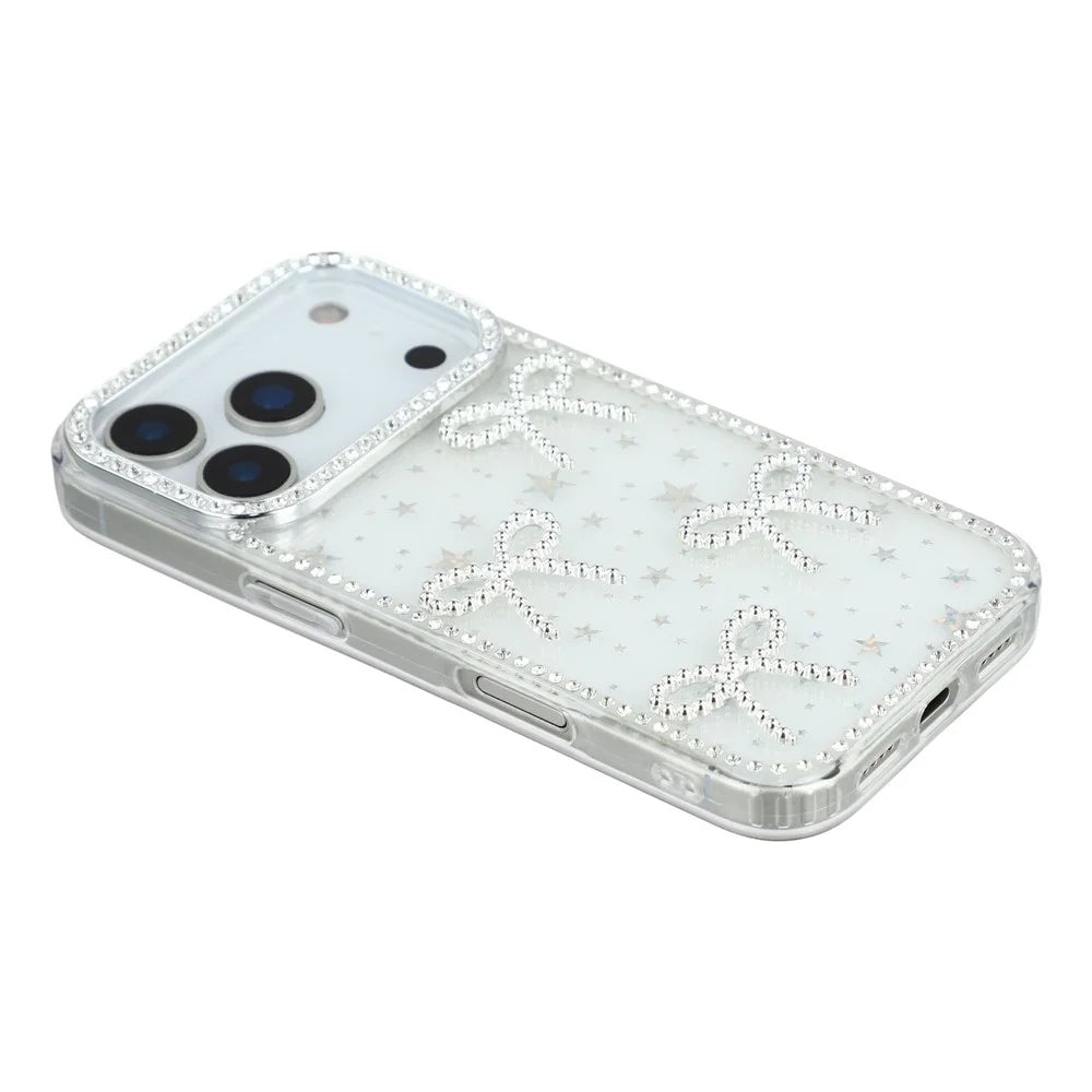 For iPhone 17 Pro Case Rhinestone Edge Butterfly Bow Decor TPU + PC IMD Phone Cover - Starry Transparent - 4