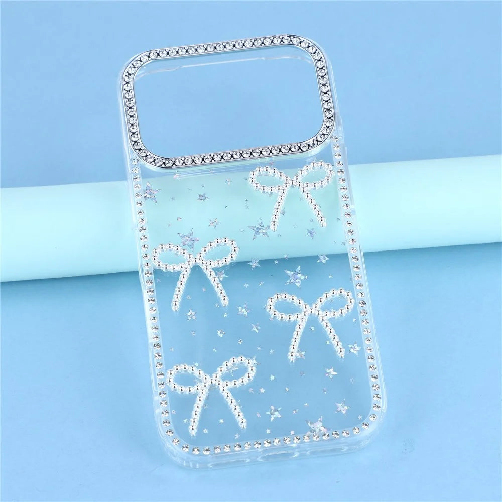 For iPhone 17 Pro Case Rhinestone Edge Butterfly Bow Decor TPU + PC IMD Phone Cover - Starry Transparent - 6