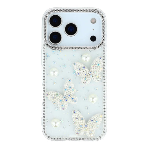 For iPhone 18 Pro / 17 Pro Case Rhinestone Edge Pearl Butterfly Decor TPU + PC IMD Phone Cover - Starry Transparent - 1