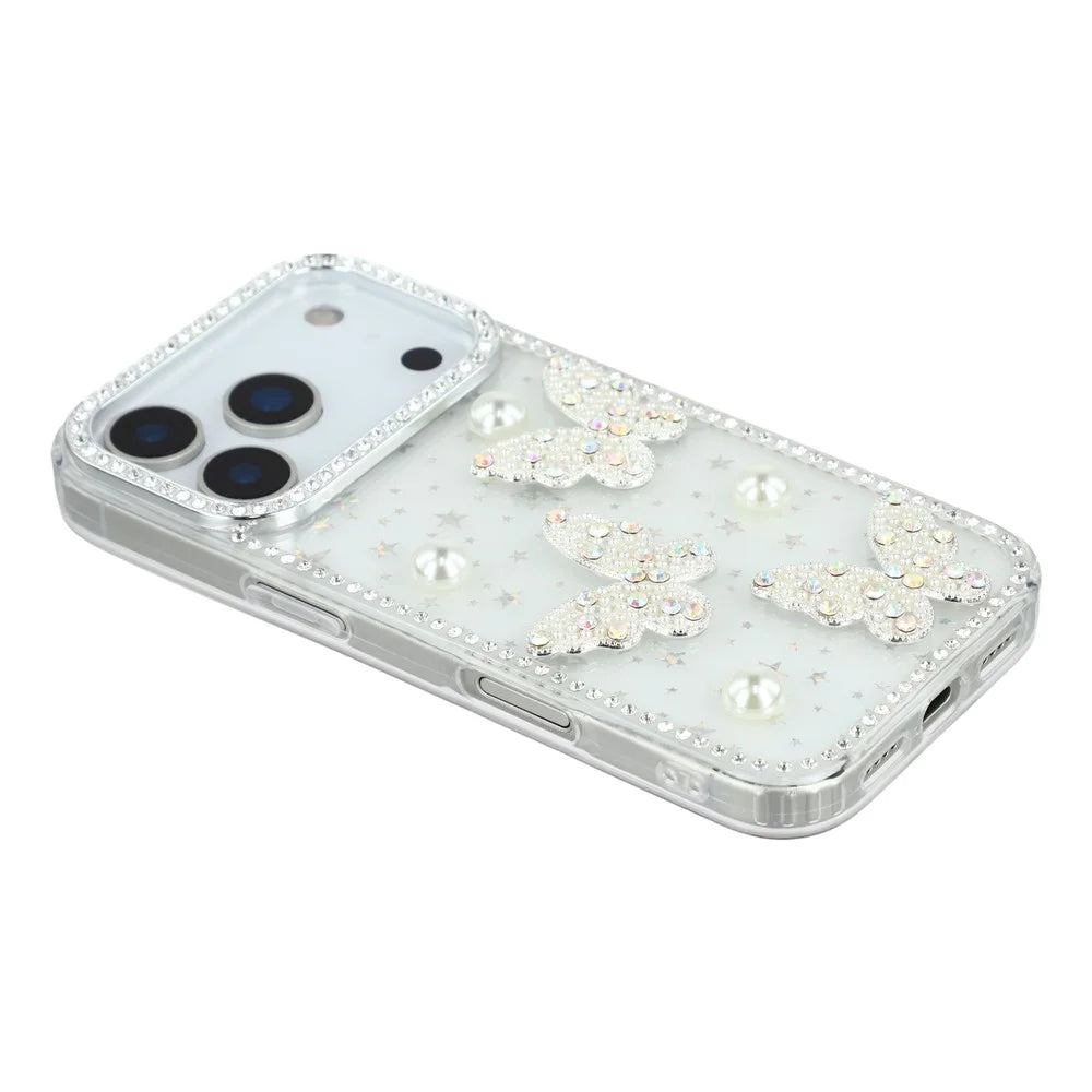 For iPhone 18 Pro / 17 Pro Case Rhinestone Edge Pearl Butterfly Decor TPU + PC IMD Phone Cover - Starry Transparent - 4