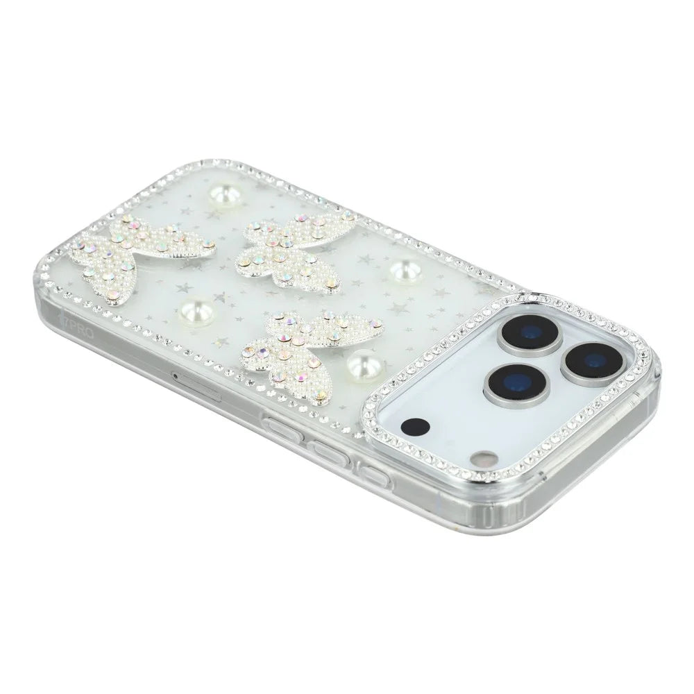 For iPhone 18 Pro / 17 Pro Case Rhinestone Edge Pearl Butterfly Decor TPU + PC IMD Phone Cover - Starry Transparent - 5